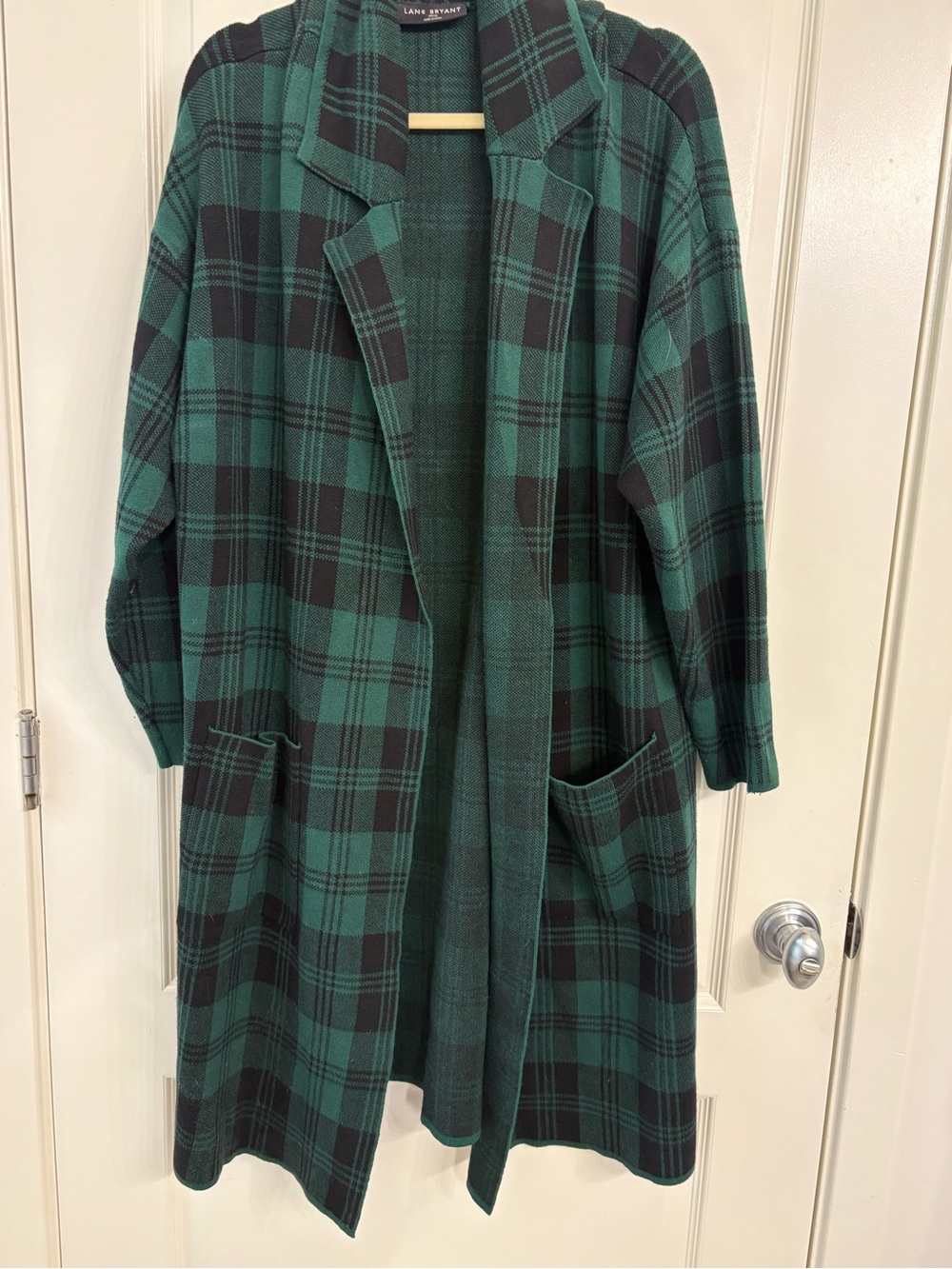 Lane Bryant Green and Black Plaid Open-Front Trench Coat